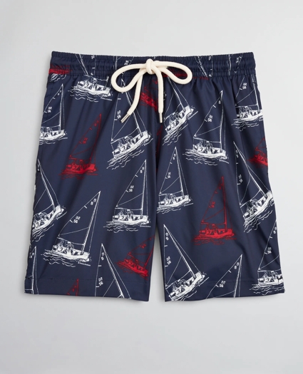 Boys Sailboat Print Swim Trunks, image 1