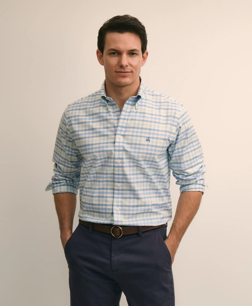 Stretch Cotton Non-Iron Oxford Polo Button Down, Plaid Sport Shirt, image 1