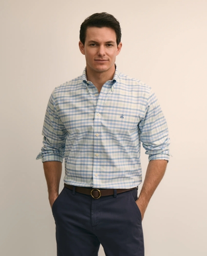 Stretch Cotton Non-Iron Oxford Polo Button Down, Plaid Sport Shirt, image 1