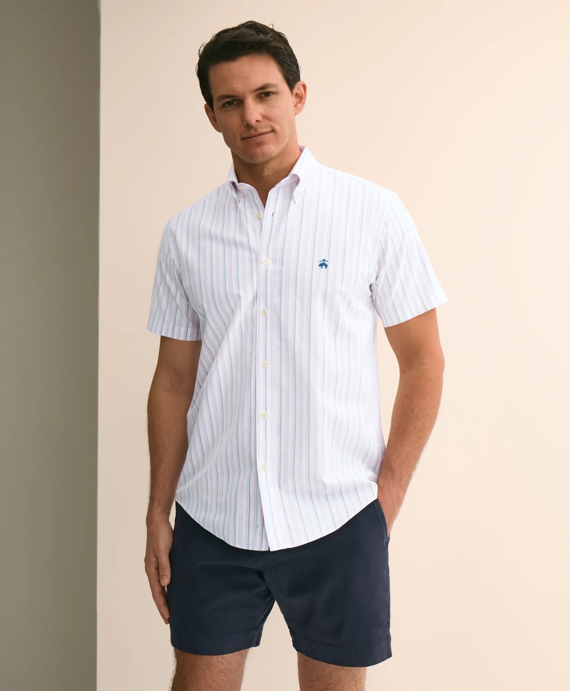 Stretch Cotton Non-Iron Oxford Polo Button Down, Double-Stripe Short Sleeve Sport Shirt, image 1