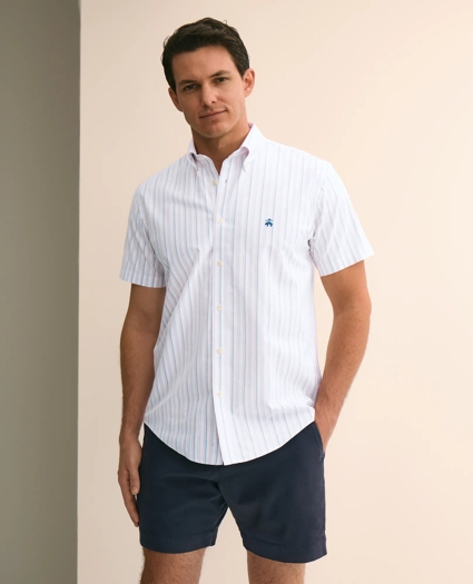 Stretch Cotton Non-Iron Oxford Polo Button Down, Double-Stripe Short Sleeve Sport Shirt, image 1