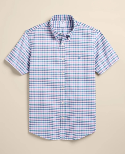 Stretch Cotton Non-Iron Oxford Polo Button Down, Multi-Grid Short Sleeve Sport Shirt, image 1