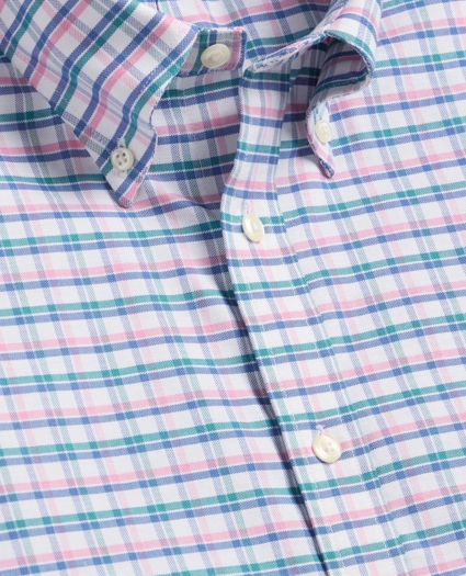 Stretch Cotton Non-Iron Oxford Polo Button Down, Multi-Grid Short Sleeve Sport Shirt, image 2