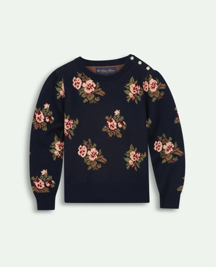 Girls Cotton Floral Intarsia Crewneck Sweater, image 1