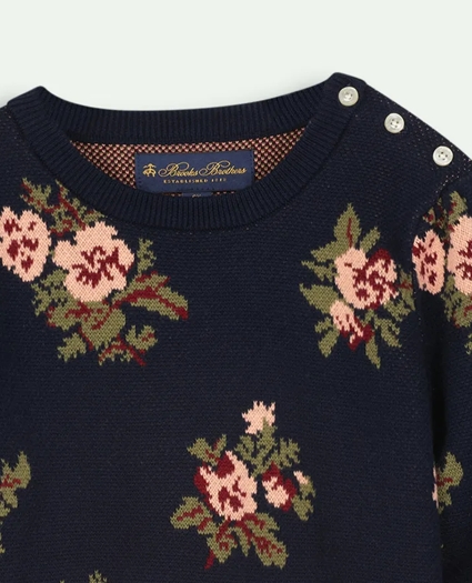 Girls Cotton Floral Intarsia Crewneck Sweater, image 2