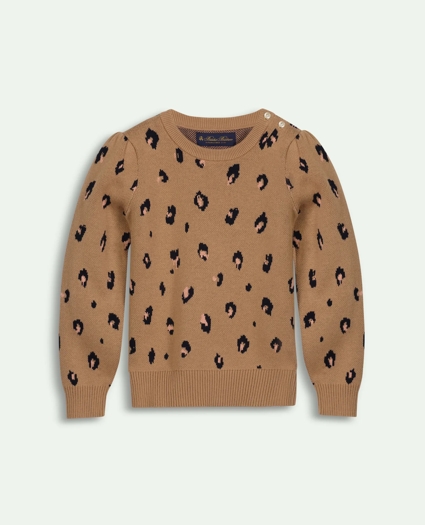 Girls Cotton Leopard Intarsia Crewneck Sweater, image 1