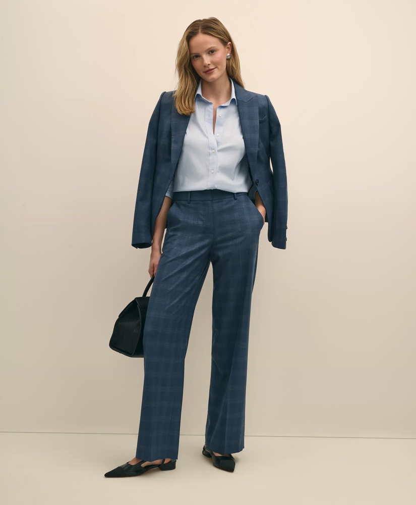 Wool-Silk Blend Plaid Straight Leg Pants