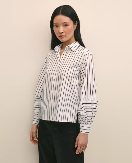 Cotton Poplin Contrast-Stripe Blouson Sleeve Shirt, image 1