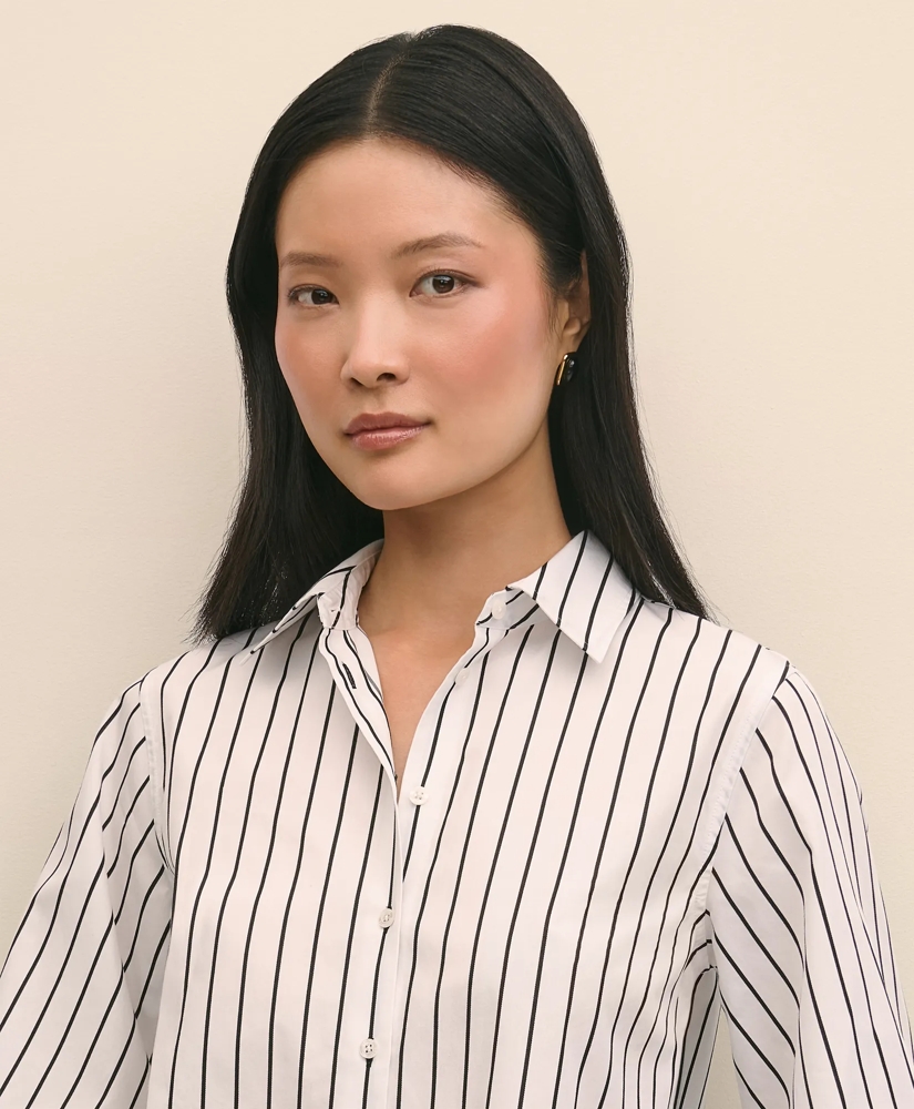 Cotton Poplin Contrast-Stripe Blouson Sleeve Shirt, image 3