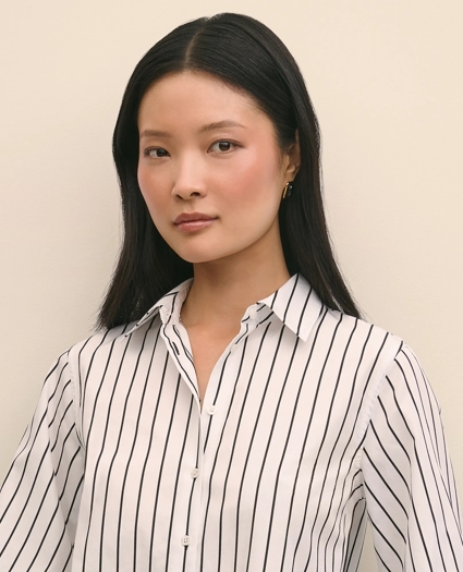Cotton Poplin Contrast-Stripe Blouson Sleeve Shirt, image 3