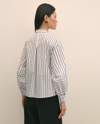 Cotton Poplin Contrast-Stripe Blouson Sleeve Shirt, image 4