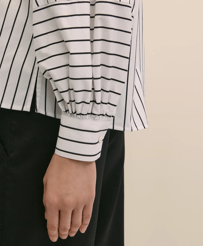 Cotton Poplin Contrast-Stripe Blouson Sleeve Shirt, image 5