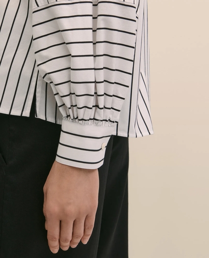 Cotton Poplin Contrast-Stripe Blouson Sleeve Shirt, image 5