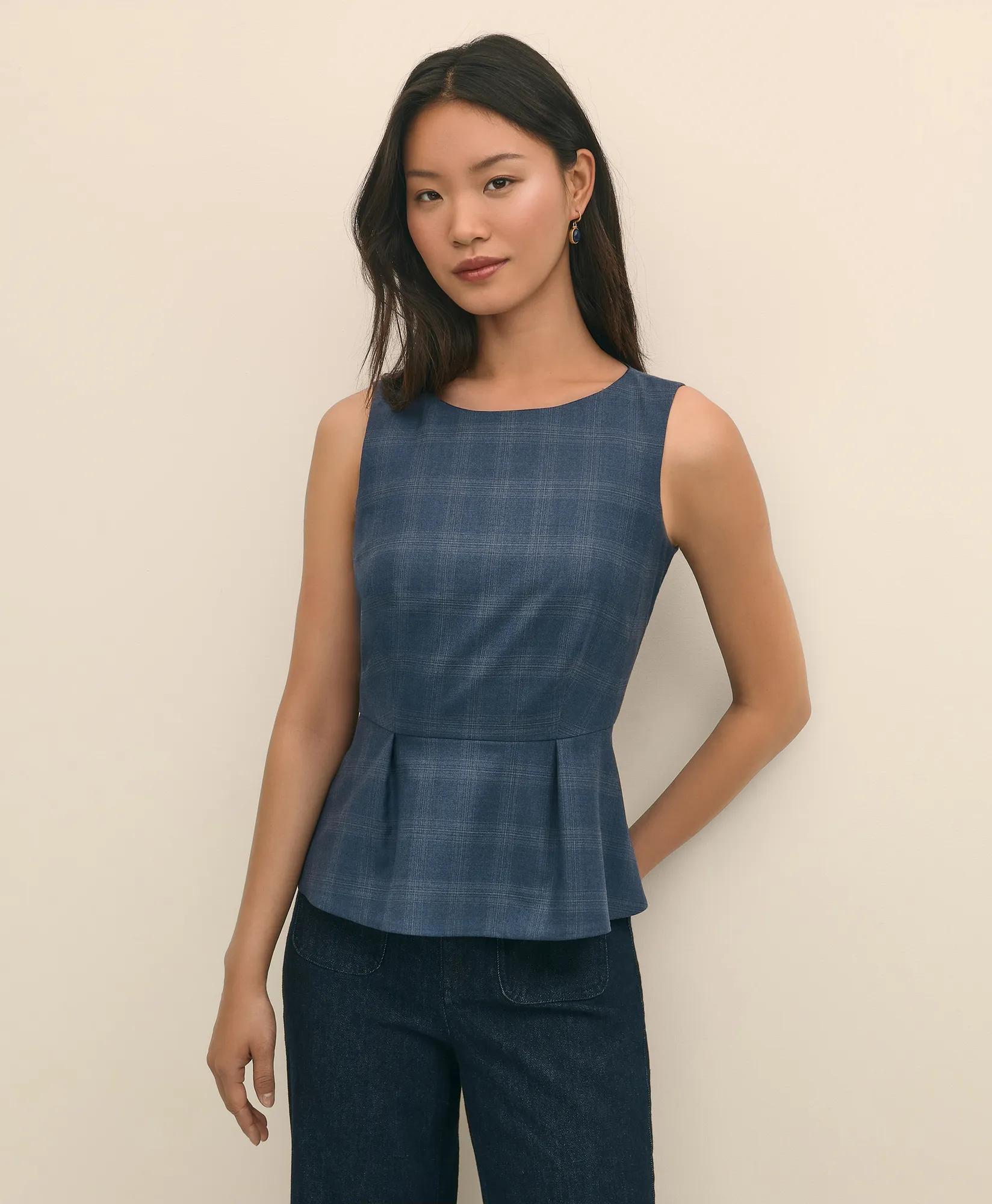 Wool-Silk Blend Sleeveless Plaid Peplum Top primary