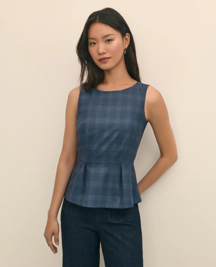 Wool-Silk Blend Sleeveless Plaid Peplum Top, image 1
