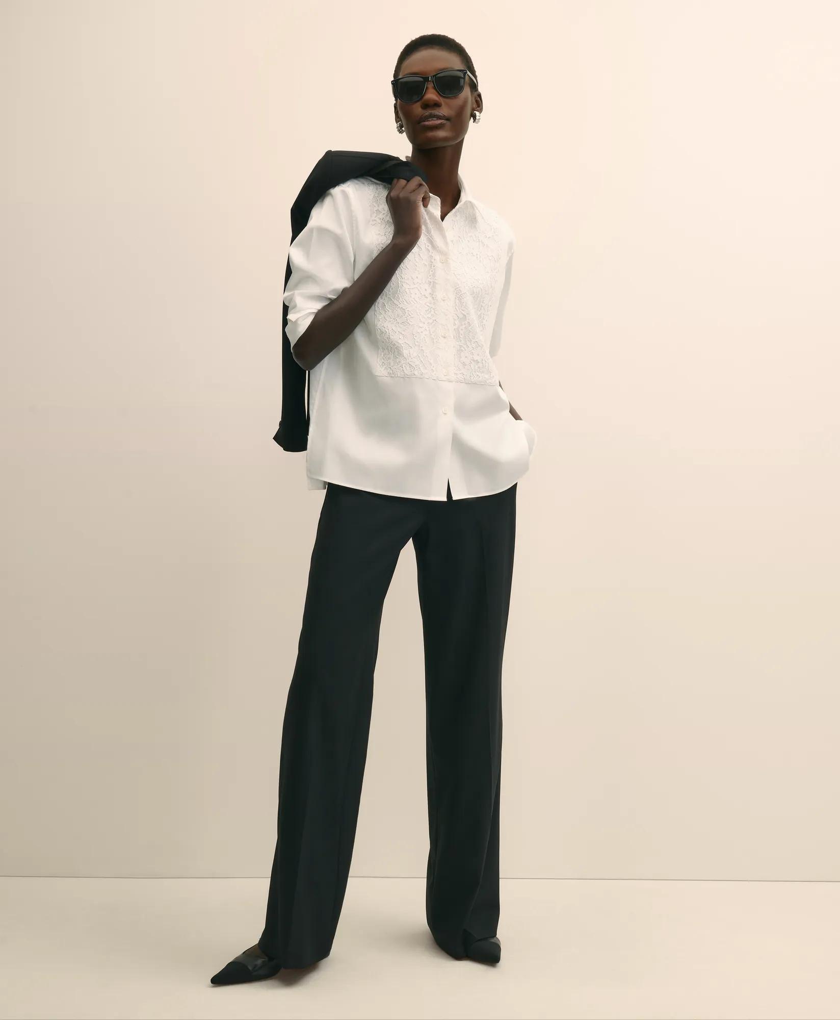 Cotton Sateen Relaxed Lace-Bib Shirt primary