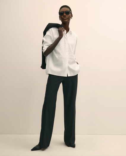 Cotton Sateen Relaxed Lace-Bib Shirt, image 1