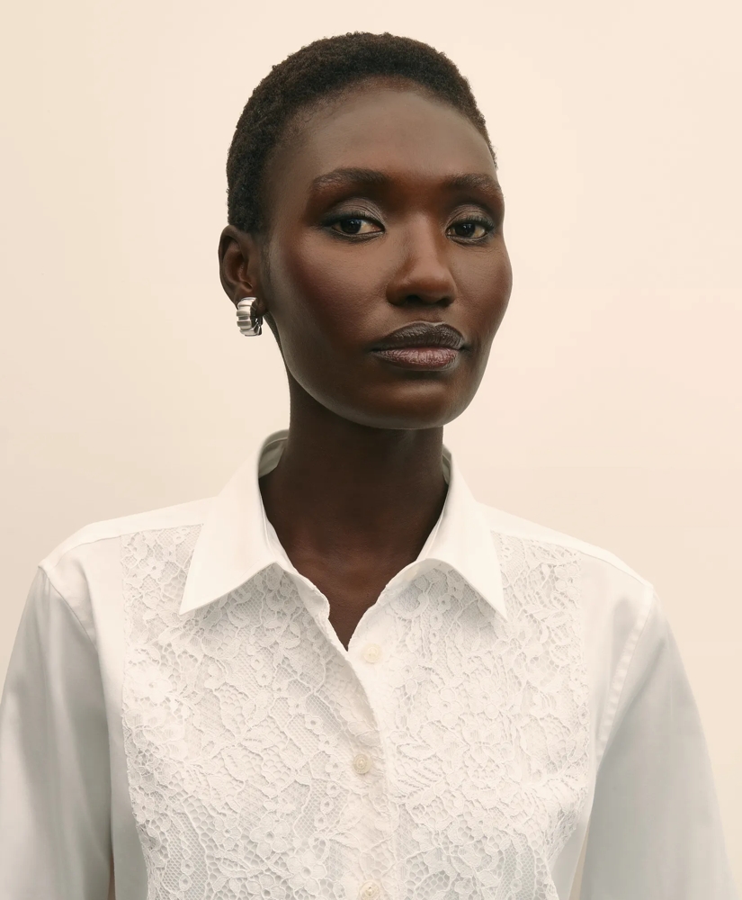 Cotton Sateen Relaxed Lace-Bib Shirt, image 3