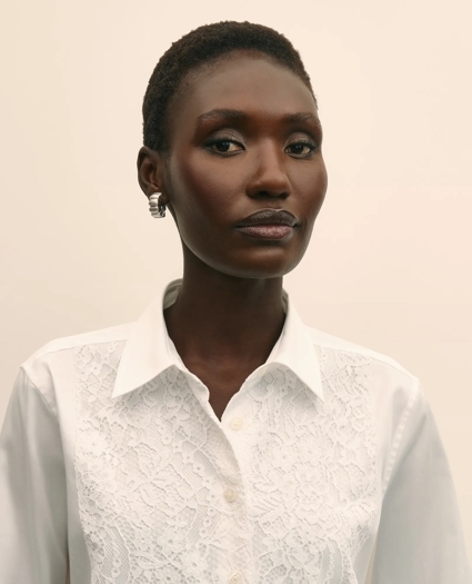 Cotton Sateen Relaxed Lace-Bib Shirt, image 3