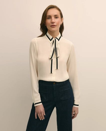 Viscose Contrast Tie-Neck Blouse, image 1