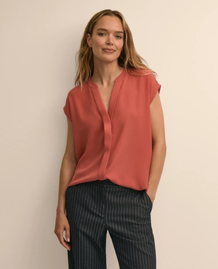 Band Collar Button-Front Blouse, image 1