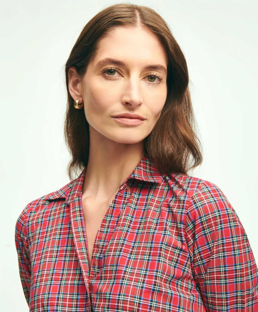 Cotton A-Line Plaid Shirt Dress, image 3