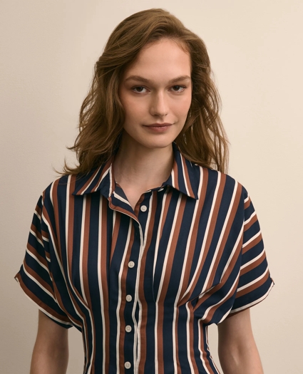 Striped Pleated A-Line Shirtdress, image 3
