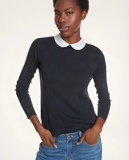 Cotton Striped Removable Collar Leaf-Stitched Sweater, image 1
