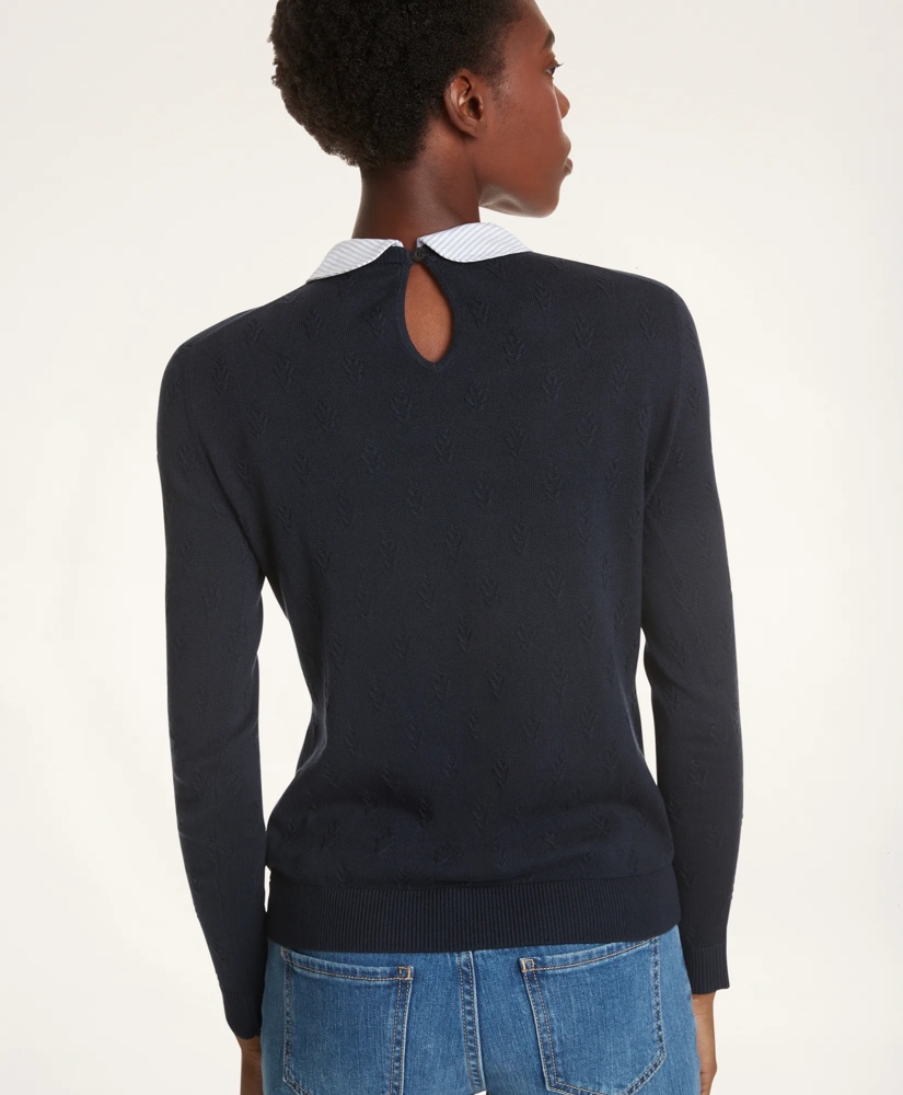 Cotton Striped Removable Collar Leaf-Stitched Sweater, image 3