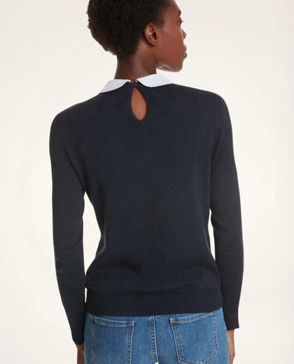 Cotton Striped Removable Collar Leaf-Stitched Sweater, image 3