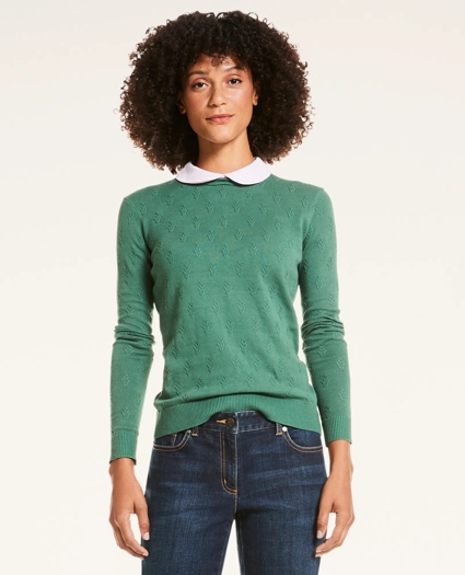 Cotton Striped Removable Collar Leaf-Stitched Sweater, image 1