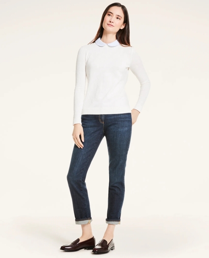 Cotton Striped Removable Collar Leaf-Stitched Sweater, image 2