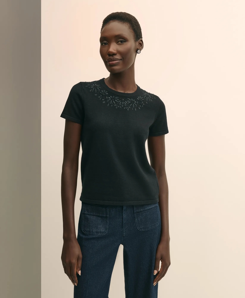 Merino-Wool-Cotton Blend Floral Embellished Short-Sleeve Sweater Shell, image 2