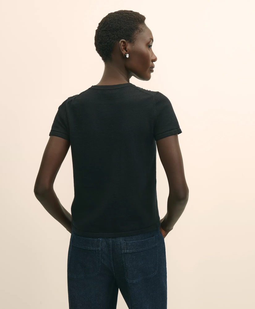 Merino-Wool-Cotton Blend Floral Embellished Short-Sleeve Sweater Shell, image 4