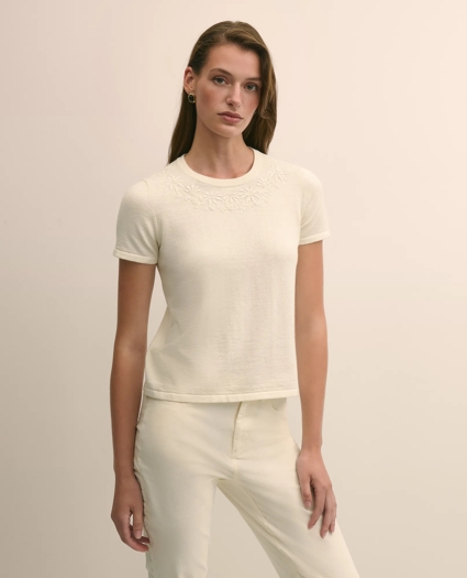 Merino-Wool-Cotton Blend Floral Embellished Short-Sleeve Sweater Shell, image 1