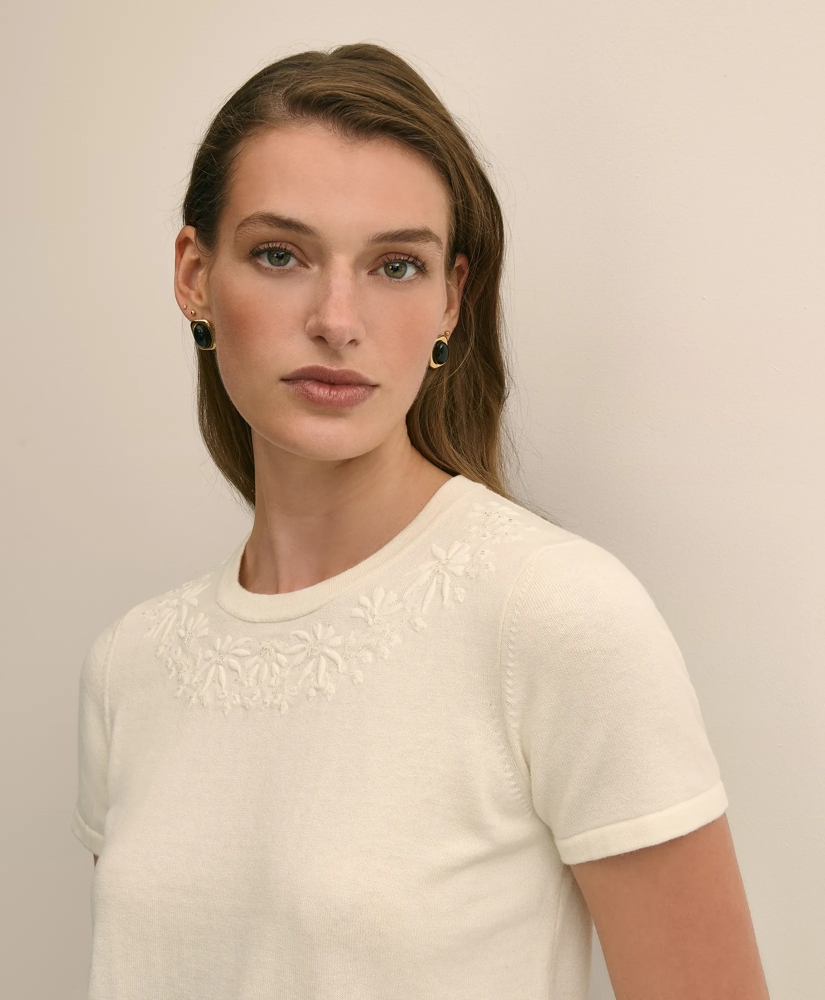 Merino-Wool-Cotton Blend Floral Embellished Short-Sleeve Sweater Shell, image 3