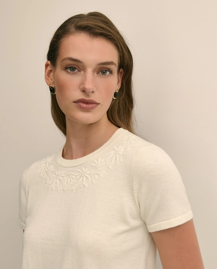 Merino-Wool-Cotton Blend Floral Embellished Short-Sleeve Sweater Shell, image 3