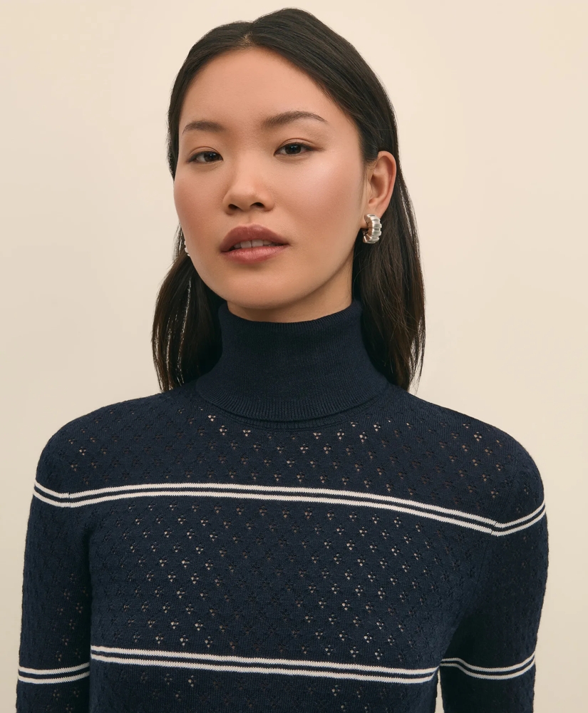 Merino Wool Striped Pointelle Turtleneck, image 3