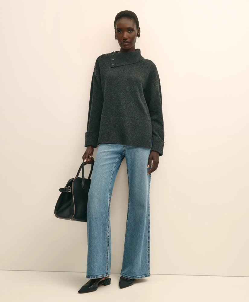Relaxed Wool-Blend Foldover Snap Collar Sweater, image 2