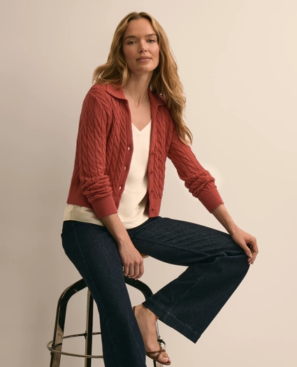 Cropped Cotton Cable-Knit Polo Cardigan, image 1
