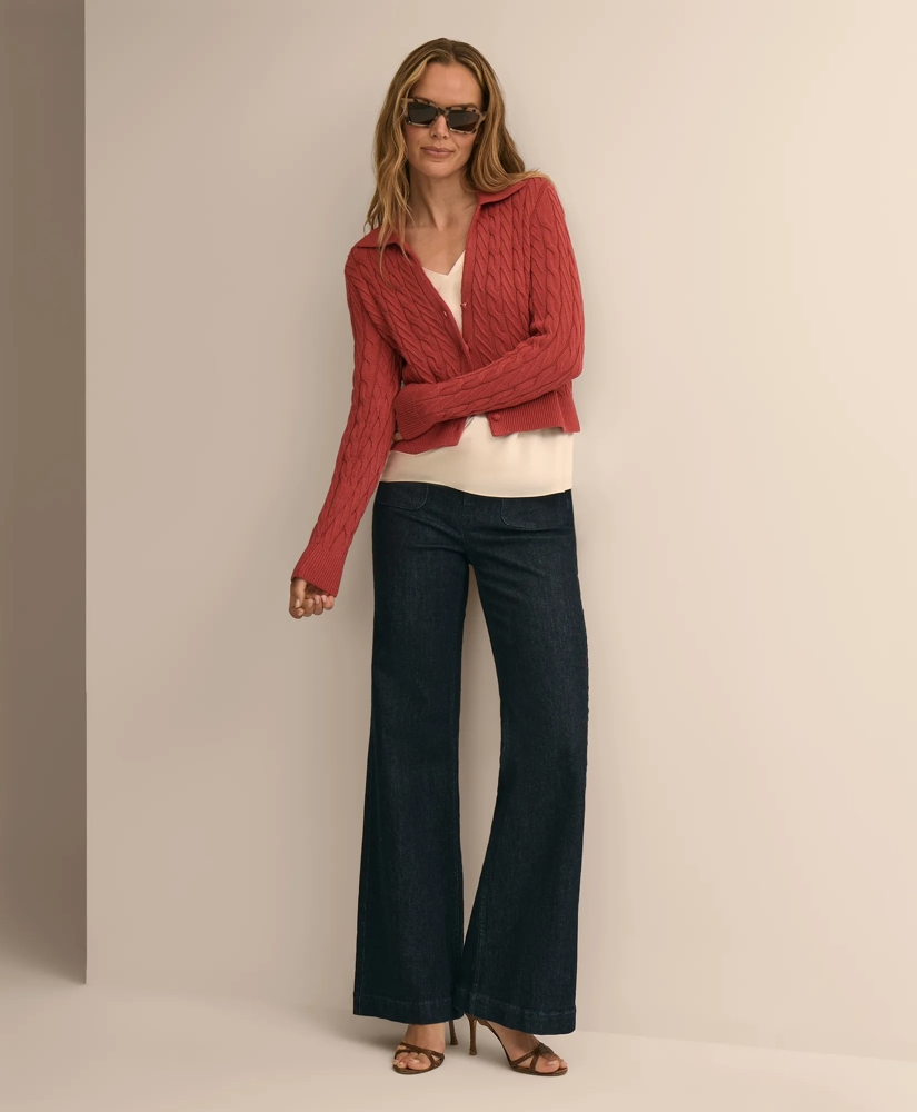 Cropped Cotton Cable-Knit Polo Cardigan, image 2
