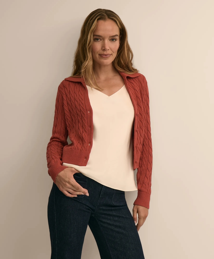 Cropped Cotton Cable-Knit Polo Cardigan, image 3