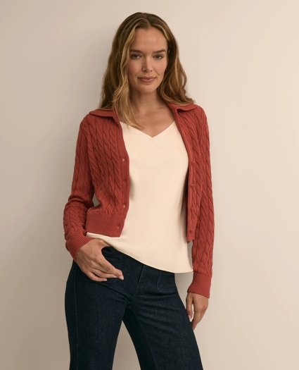 Cropped Cotton Cable-Knit Polo Cardigan, image 3