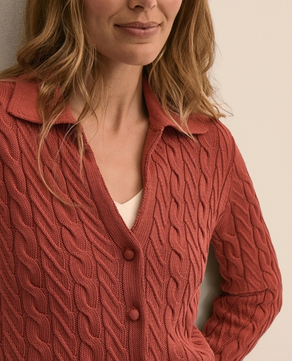 Cropped Cotton Cable-Knit Polo Cardigan, image 4