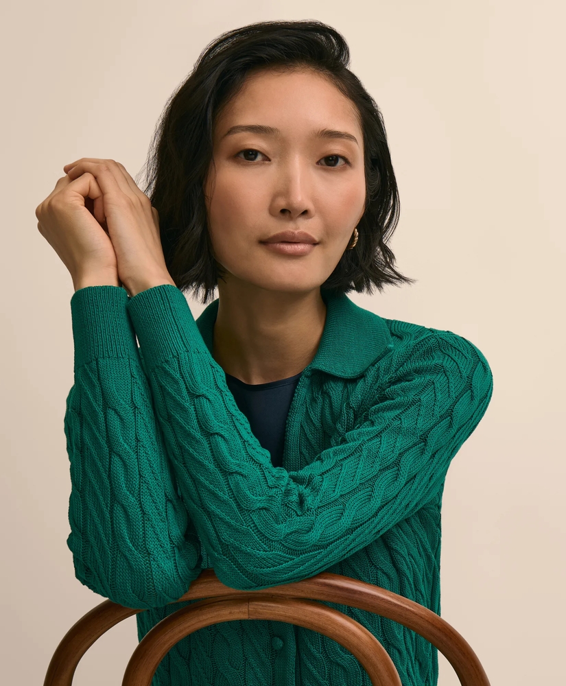 Cropped Cotton Cable-Knit Polo Cardigan, image 3