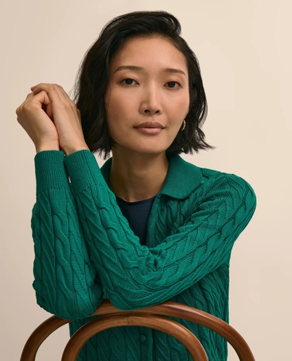 Cropped Cotton Cable-Knit Polo Cardigan, image 3