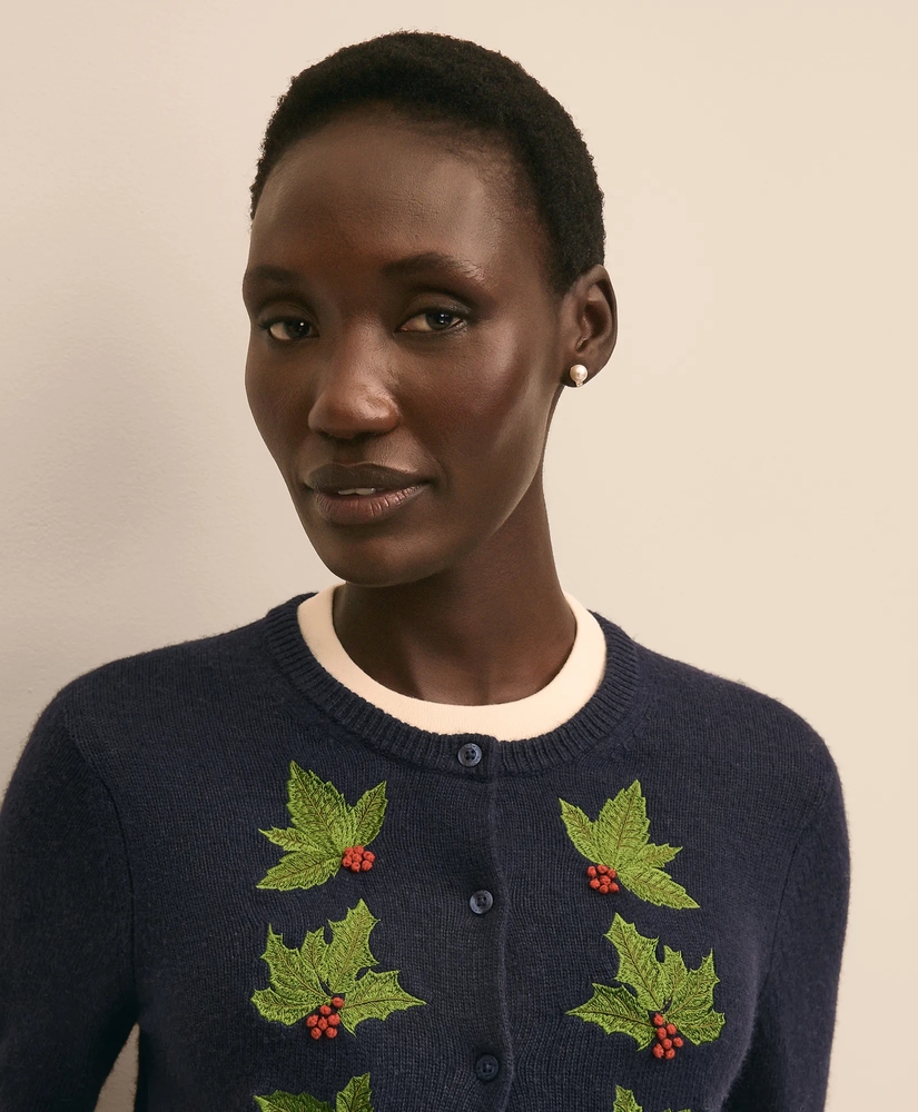 Wool-Cashmere Blend Embroidered-Holly Cardigan, image 3