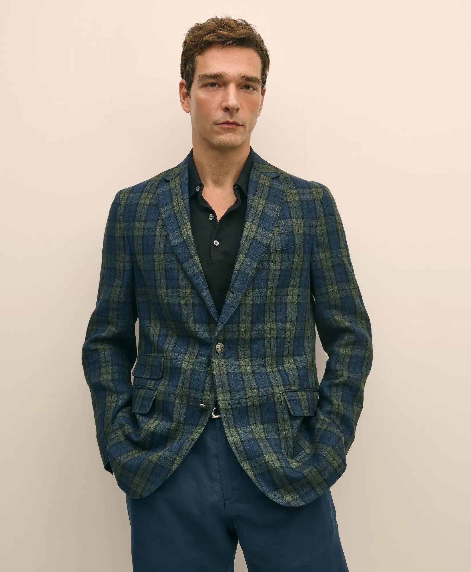 Classic Fit Linen Blazer in Black Watch Tartan
