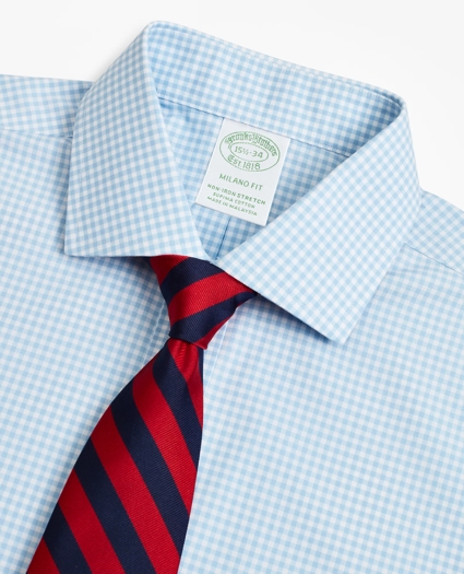 Stretch Milano Slim-Fit Dress Shirt, Non-Iron Poplin English Collar Gingham, image 2