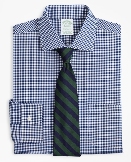 Stretch Milano Slim-Fit Dress Shirt, Non-Iron Poplin English Collar Gingham, image 1
